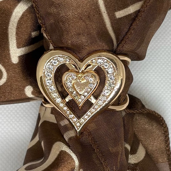 Glam Gold Tone Pave Crystal Double Heart Scarf Slide Ring Clip - Picture 1 of 15